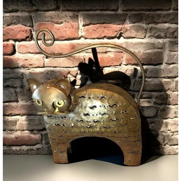 Rustic Metal Cat Sculpture With Curled Tail Candle Holder Vintage Bronze Finish - Picture 5 of 10